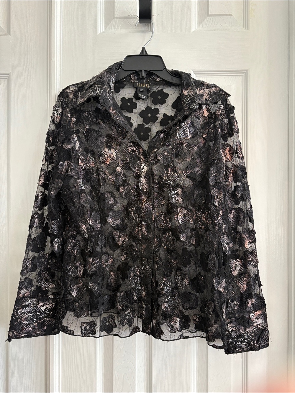 Isabel whimsigoth Black Floral Lace sheer floral appliqué button down blouse top